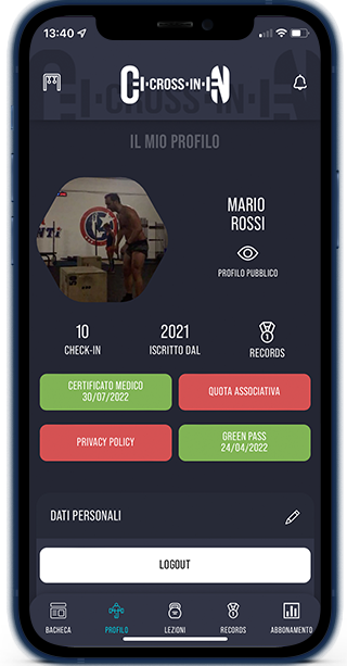 Schermata atleta dell'app Cross-In